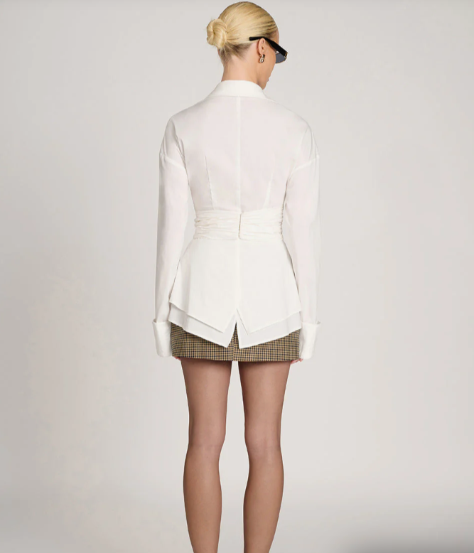 Draped Waist Shirt with Featherlight Fluid Fabric and Tailored Shape, Long Sleeve