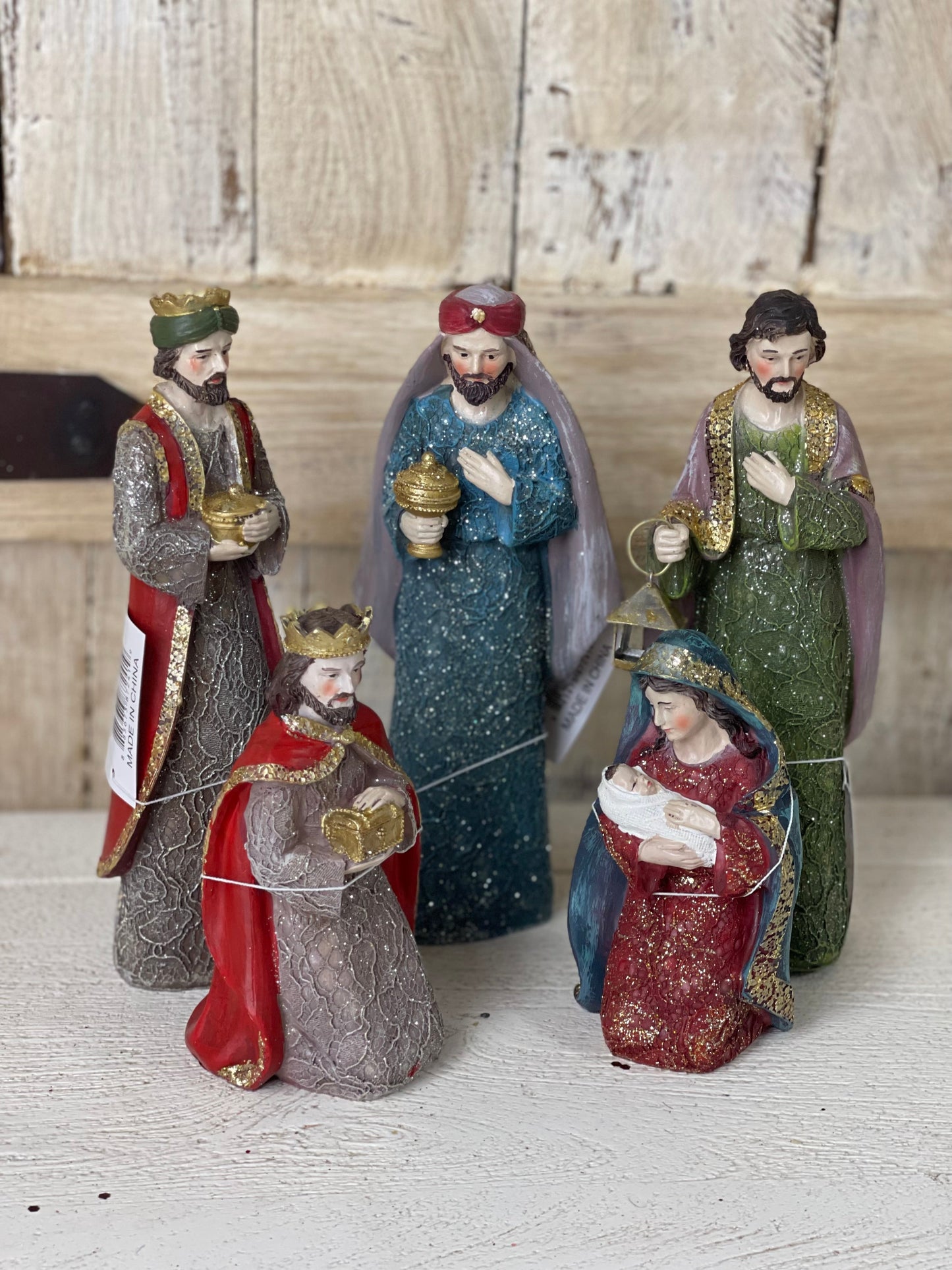 Nativity Scene Figurine Set of 5 with Jewel Tone and Glitter Finish, 5-8in Figures