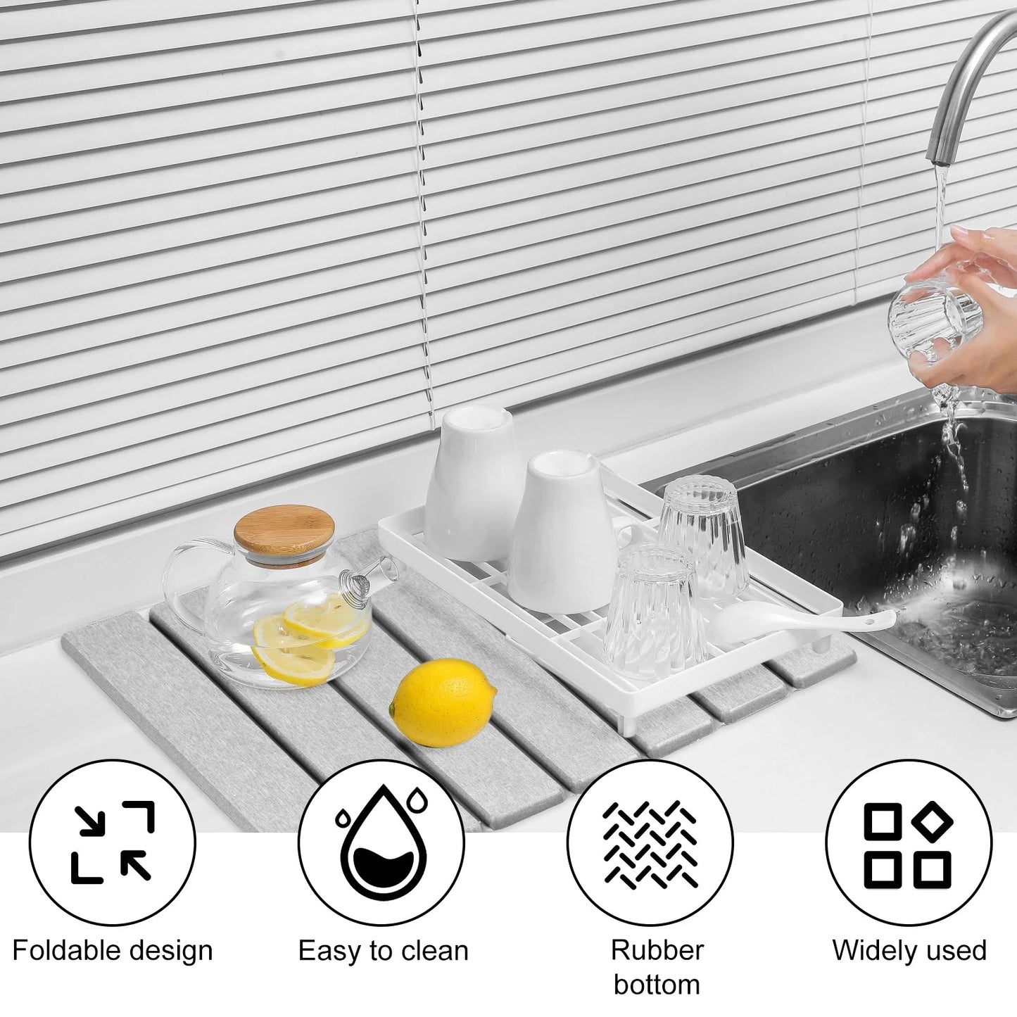 Diatomite Dish Drying Mat with Nonslip Rubber Base and Foldable Design