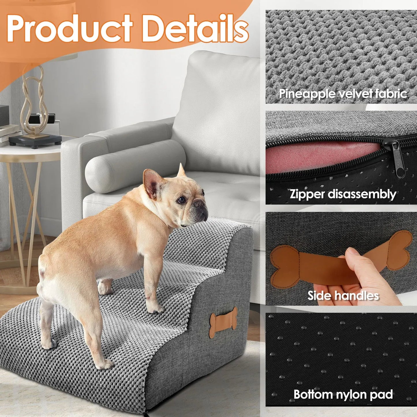 Pet Stairs with High Density Foam and Removable Washable Cover, Gentle Incline