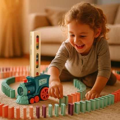 Automatic Domino Placement Train with Motorized Chain Reaction and Colorful Pieces