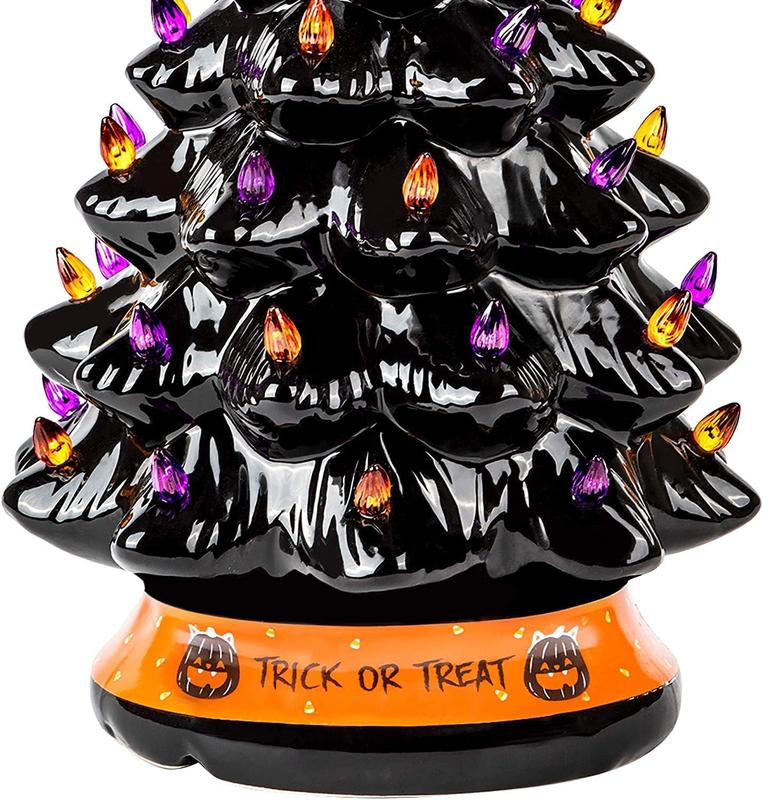 LED Ceramic Holiday Tree with Purple and Orange Beads and Hand-Painted Finish