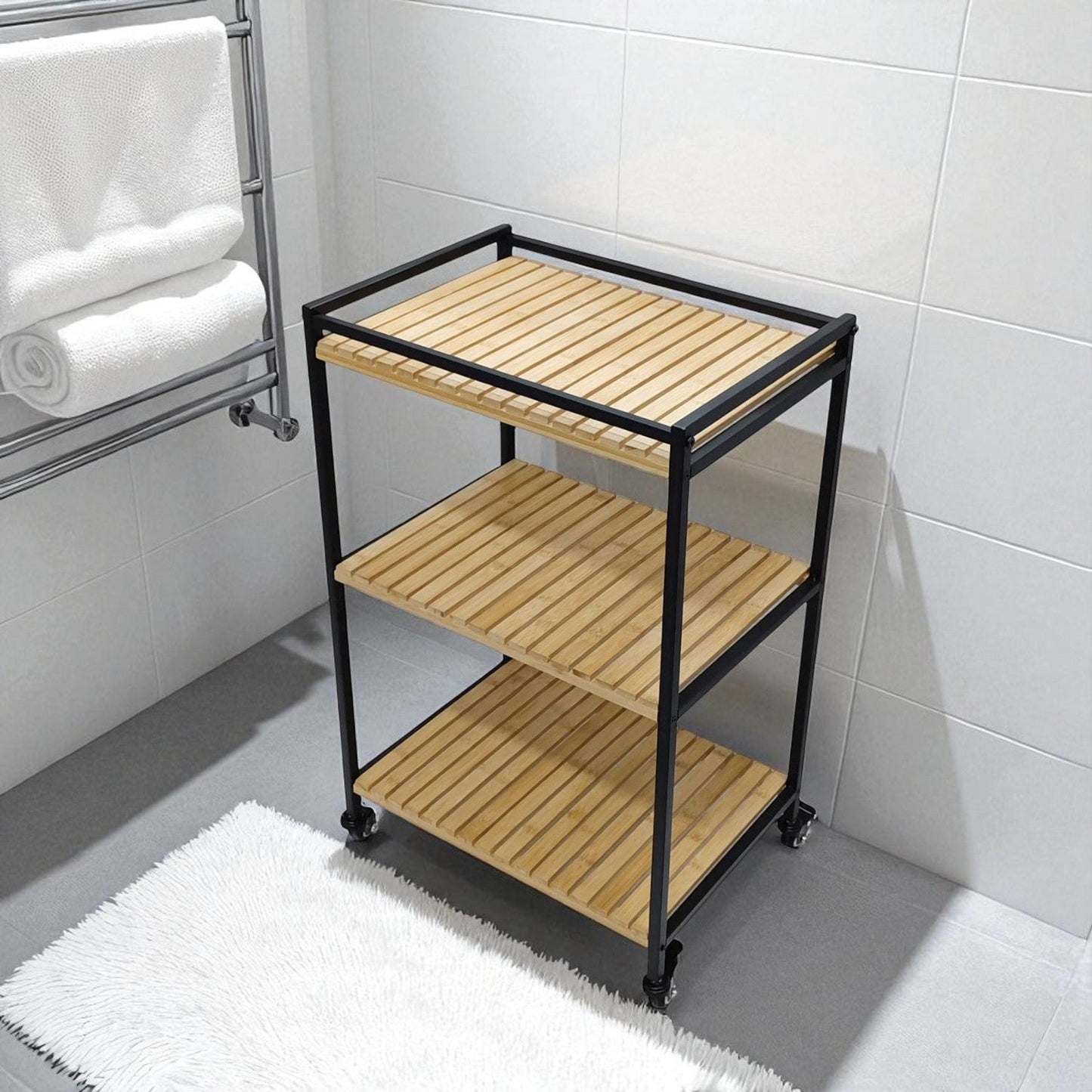 Bamboo Storage Trolley with Three Open Shelves and Rolling Wheels