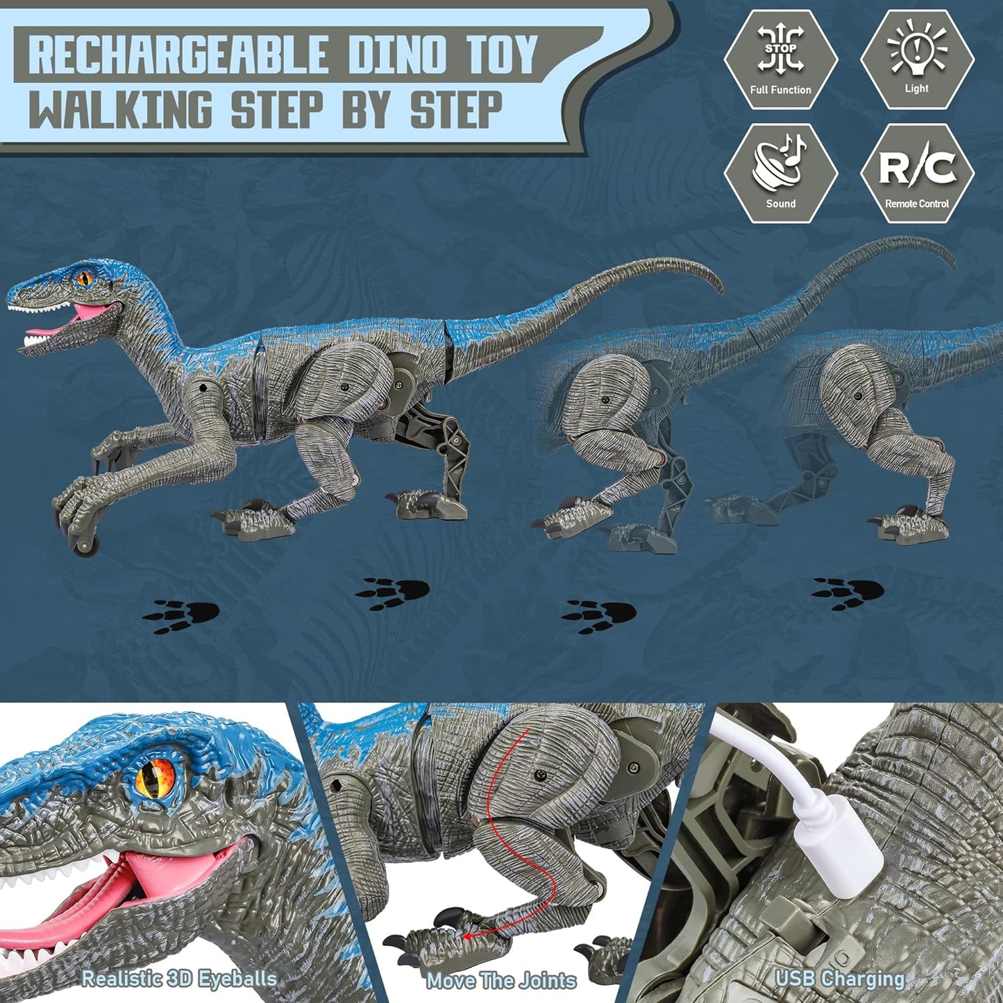 Remote Control Dinosaur Toy with Sound Effects and LED Lights, USB Rechargeable