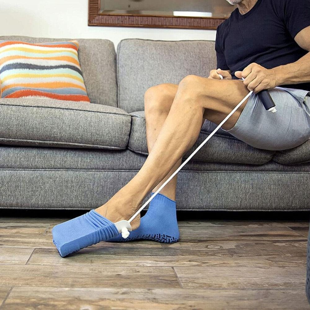 Sock Aid with Curved Cradle and Extended Handles for Seated Dressing