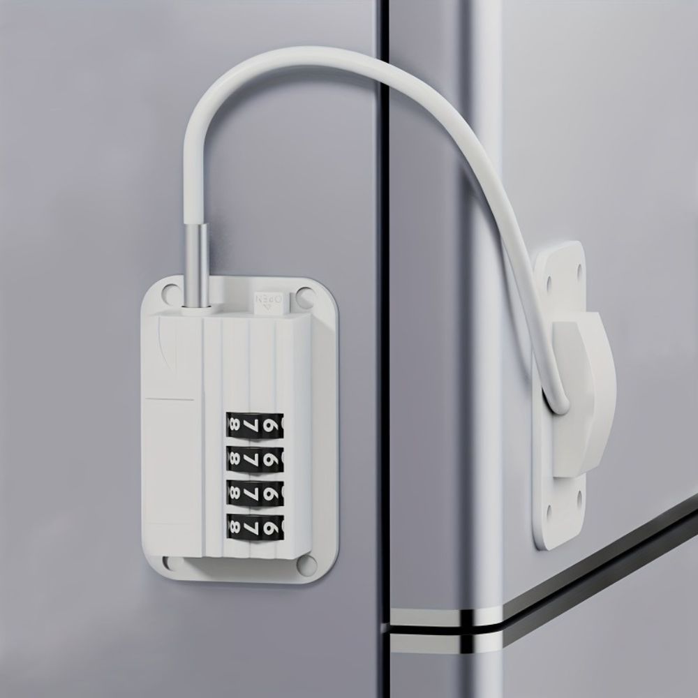 Password Protected Refrigerator Door Lock with Adjustable Strap and Adhesive Installation