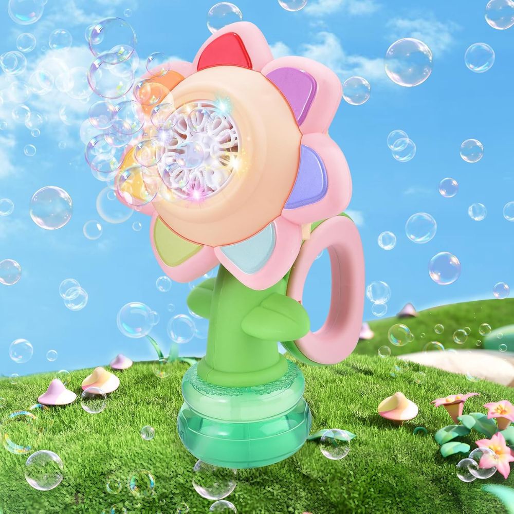 Handheld Bubble Machine with Rotating Flower Head and Seven Color Lights