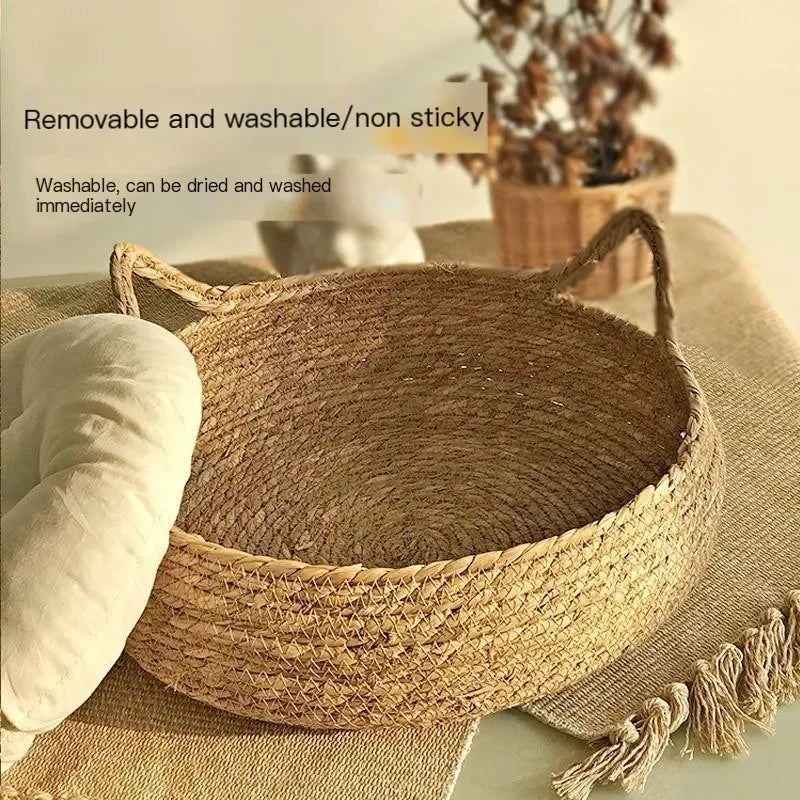 Woven Cattail Grass Cat Bed with Removable Seasonal Pad
