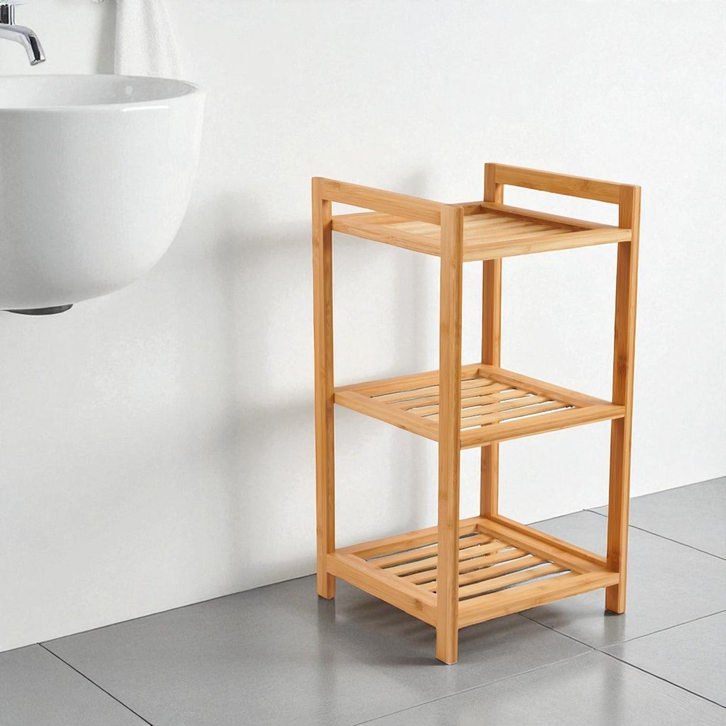 Bamboo Bath Rack with Three Open Shelves and Natural Wood Finish