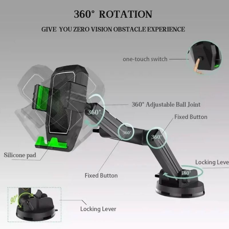 Vehicle Phone Mount with Gel Suction Cup and 16.9in Extending Arm, 360 Degree Rotation