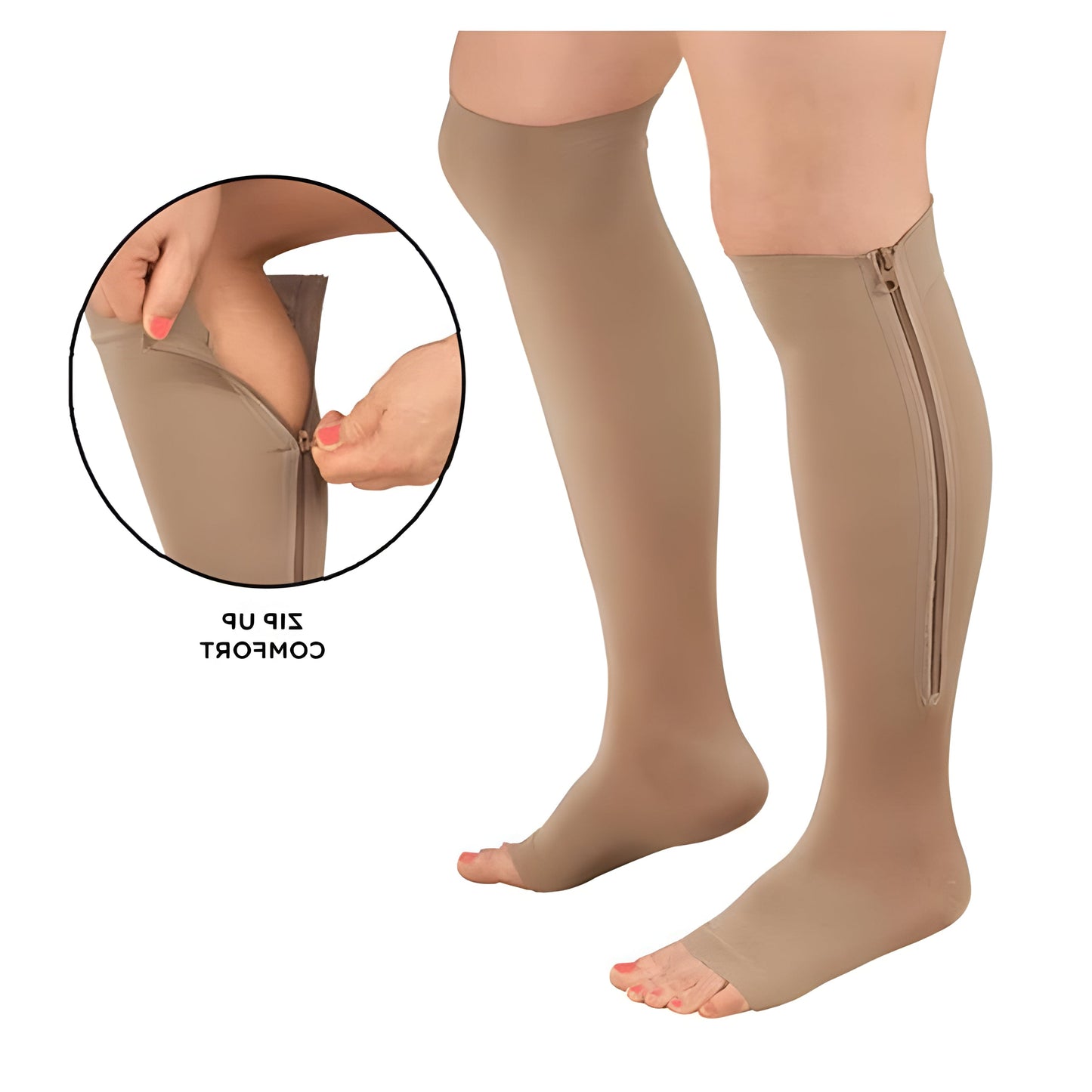 Knee High Compression Socks with Side Zipper and Open Toe, 20-30 mmHg