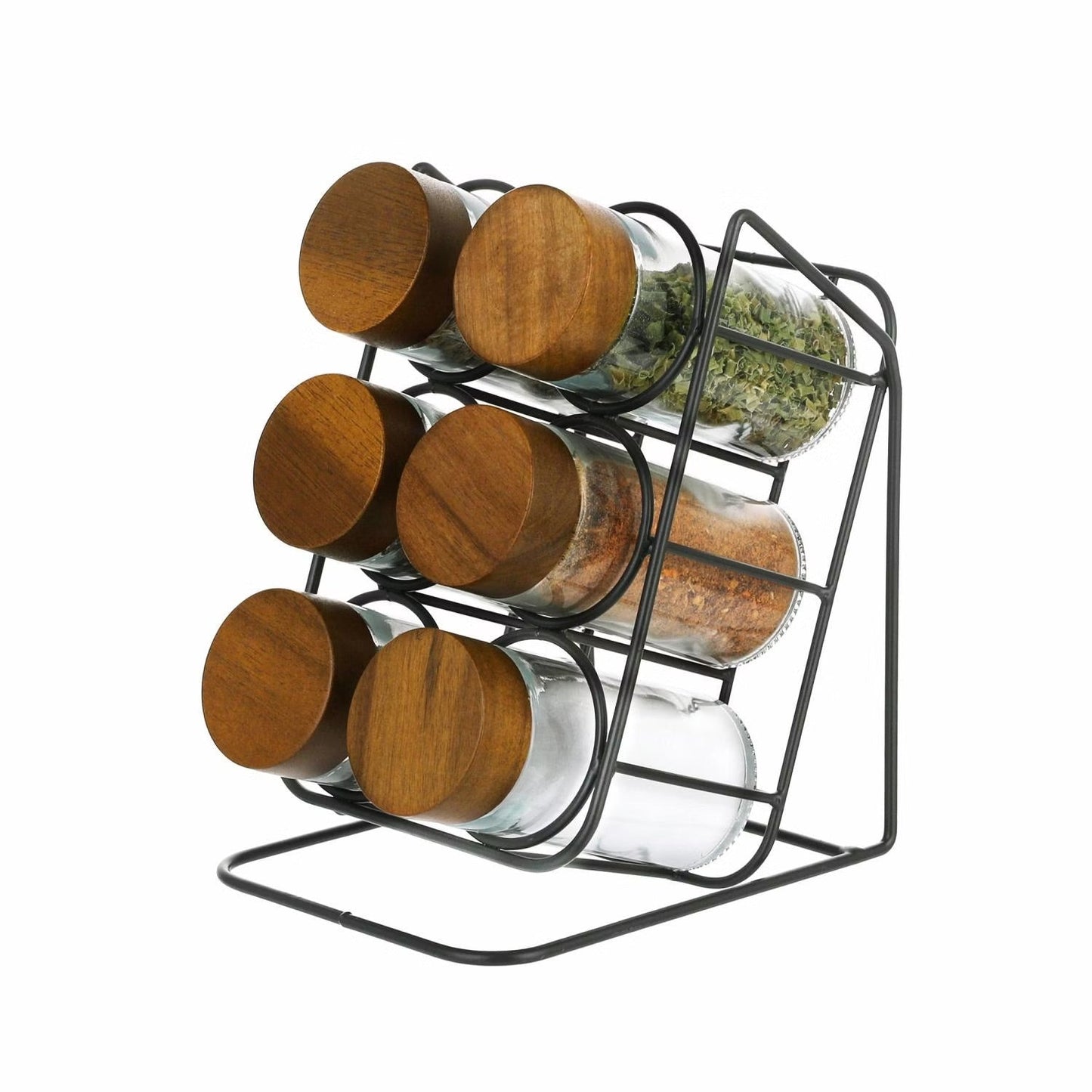 Spice Jar Set with Slanted Wooden Stand and Airtight Lids, 6-Piece