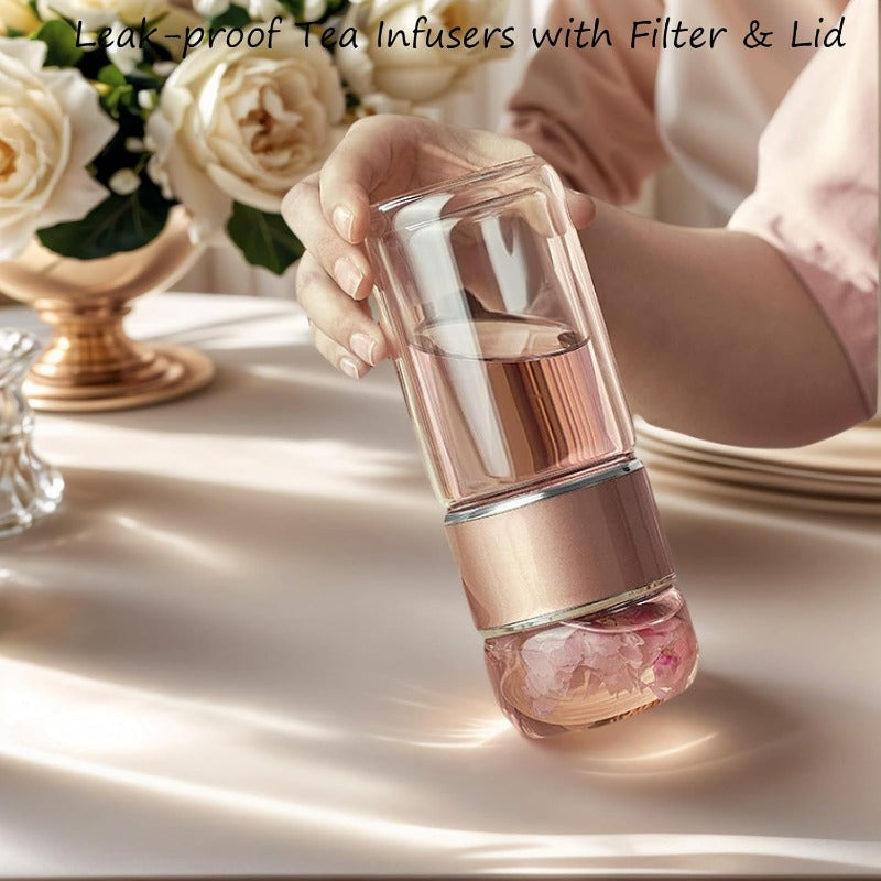 Glass Tea Infuser Bottle with Tilt Separation Filter and Double Wall Insulation
