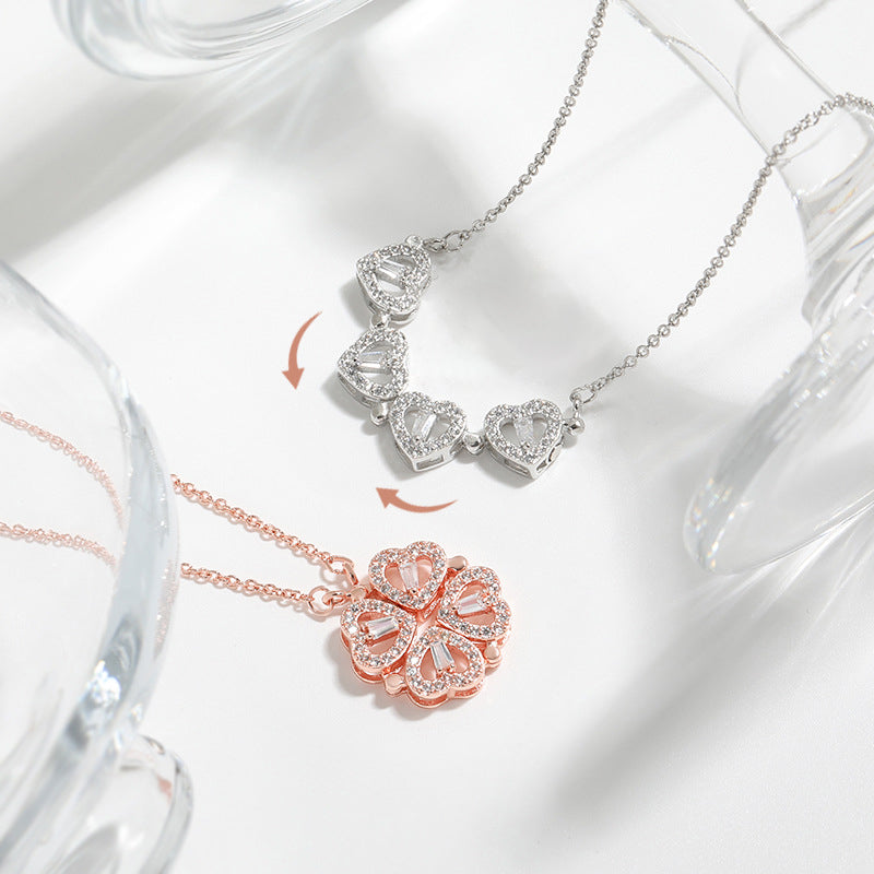 Four Heart Clover Pendant Necklace with Preserved Roses and Gift Box