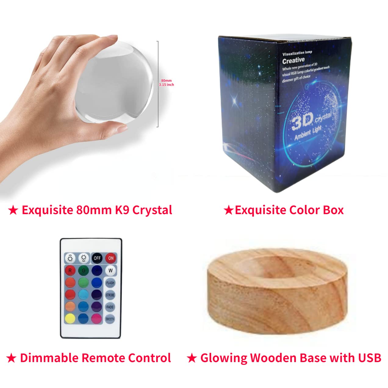 Axolotl Crystal Night Light with 3D Engraved Sphere and Wooden LED Base, Remote