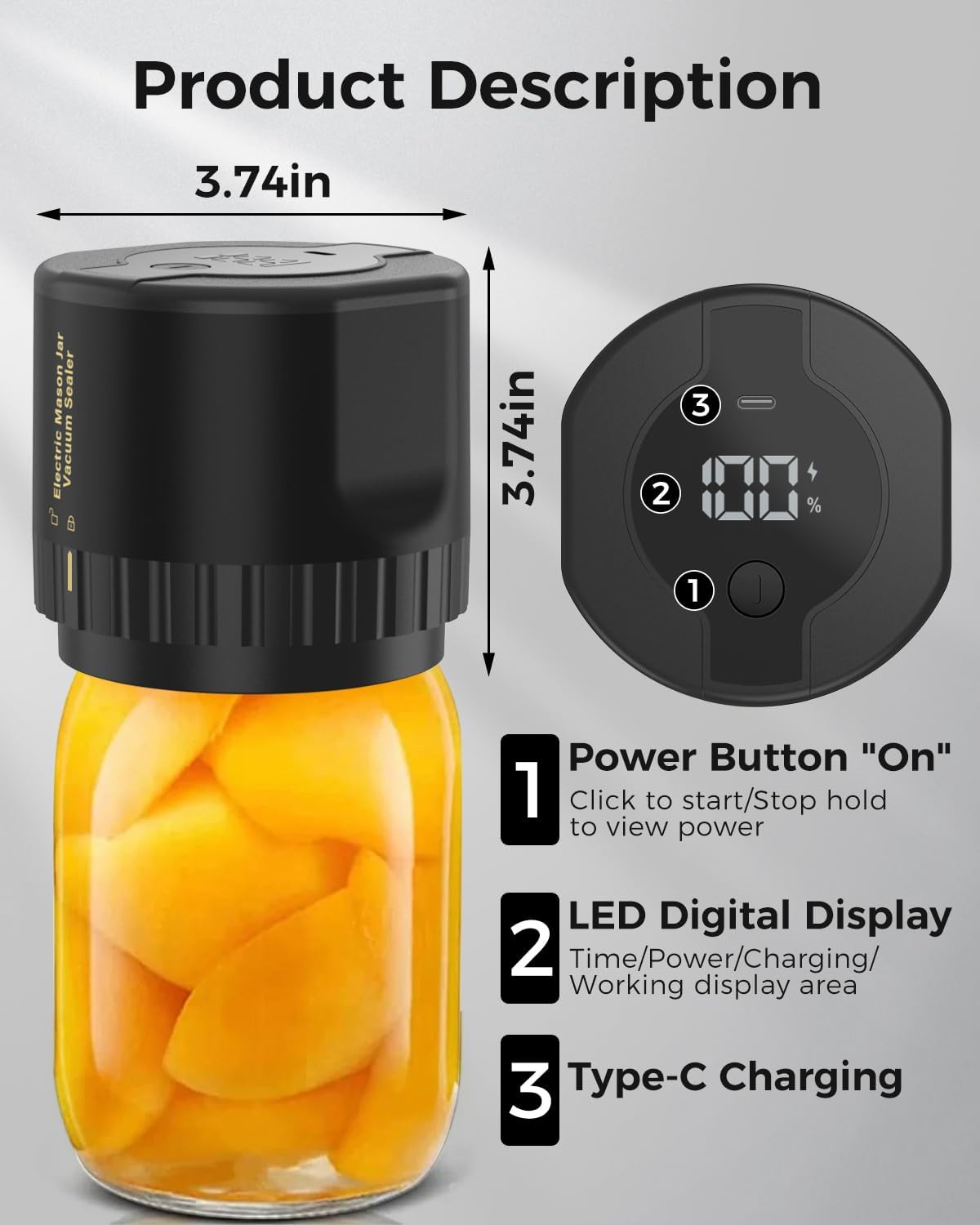 Jar Vacuum Sealer with Rechargeable Pump and 10 Sealing Lids, for 3.4in Jars