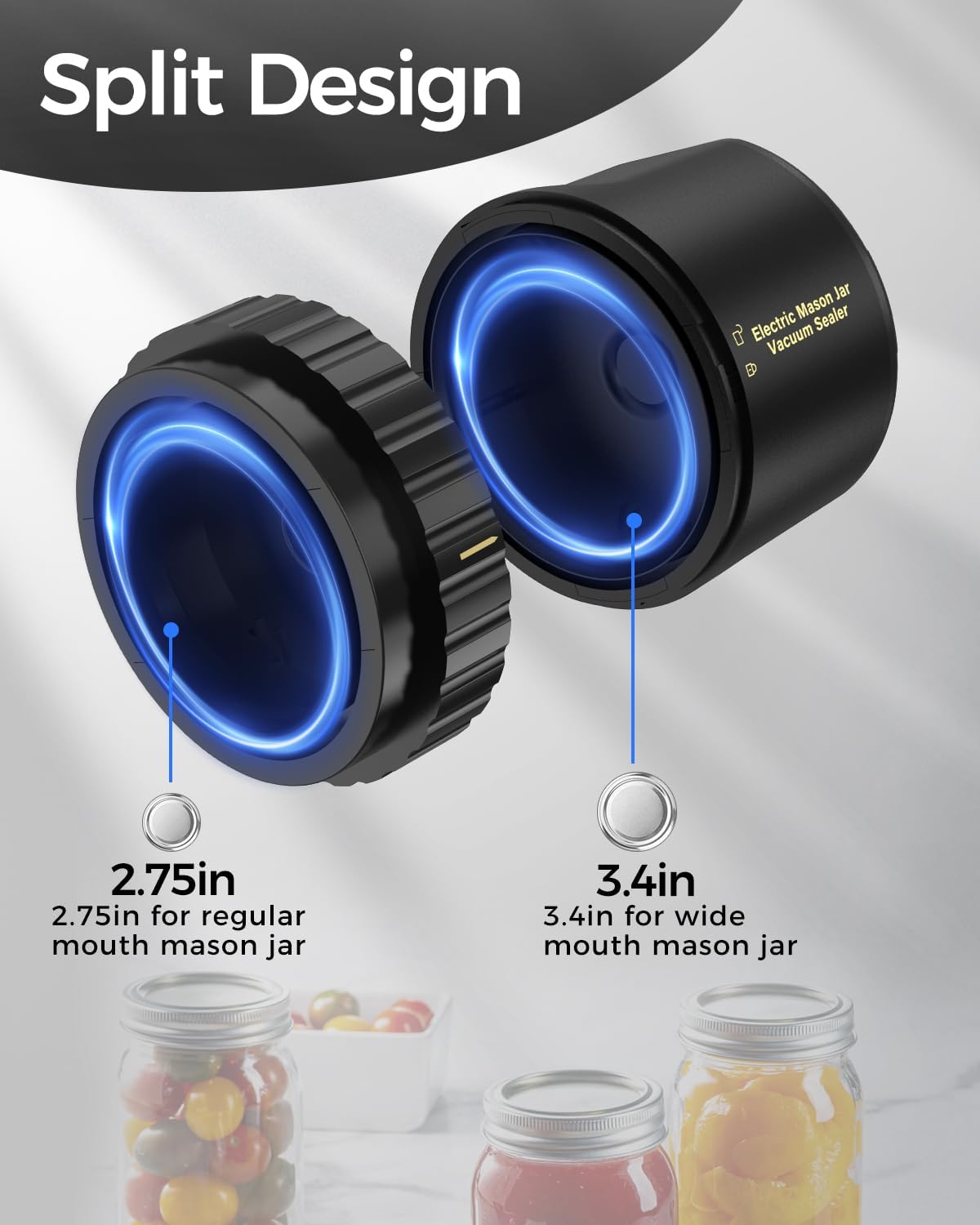Jar Vacuum Sealer with Rechargeable Pump and 10 Sealing Lids, for 3.4in Jars