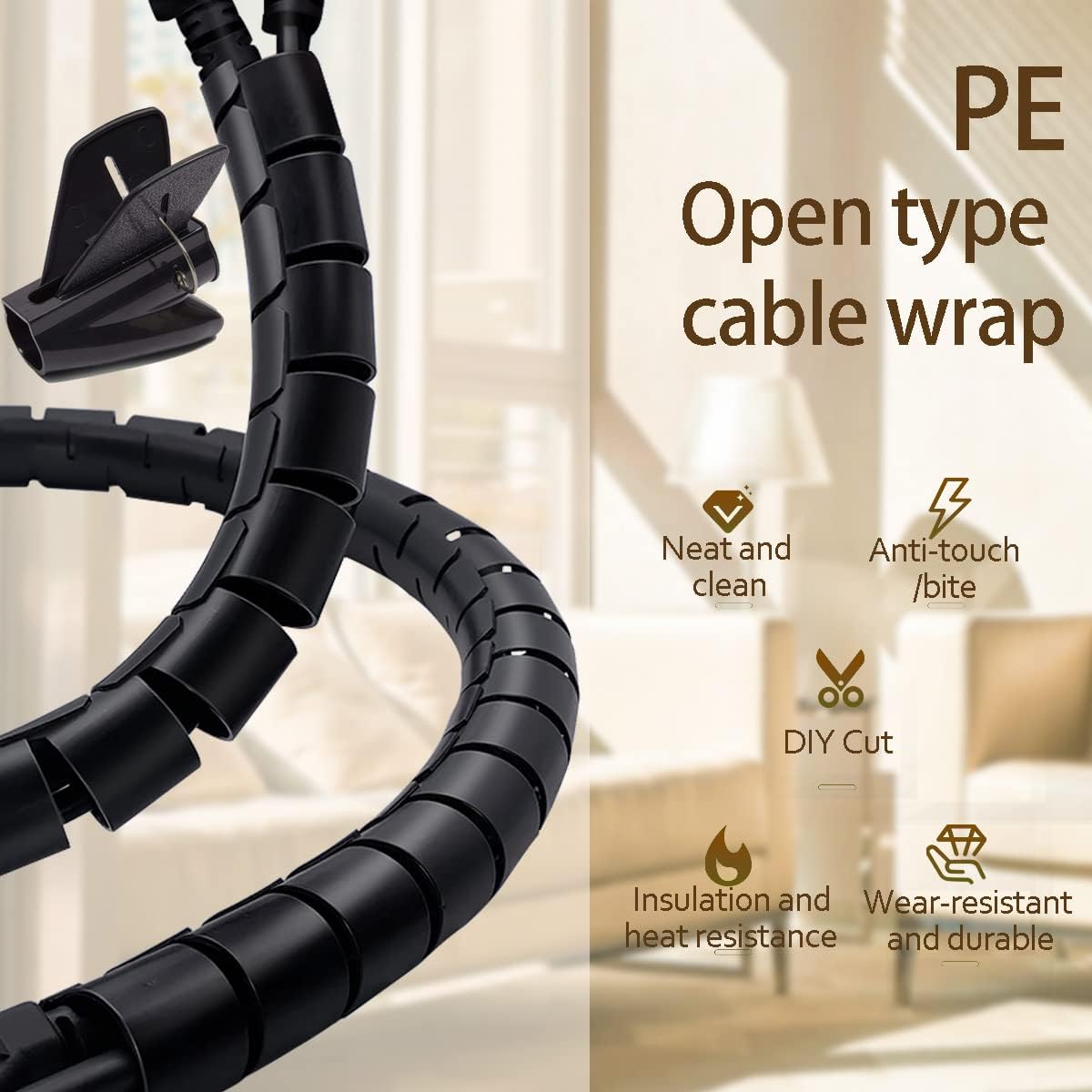 Expandable Coil Cable Sleeve with Spring Loaded Tool and Heat Resistant Material, 2 Meters