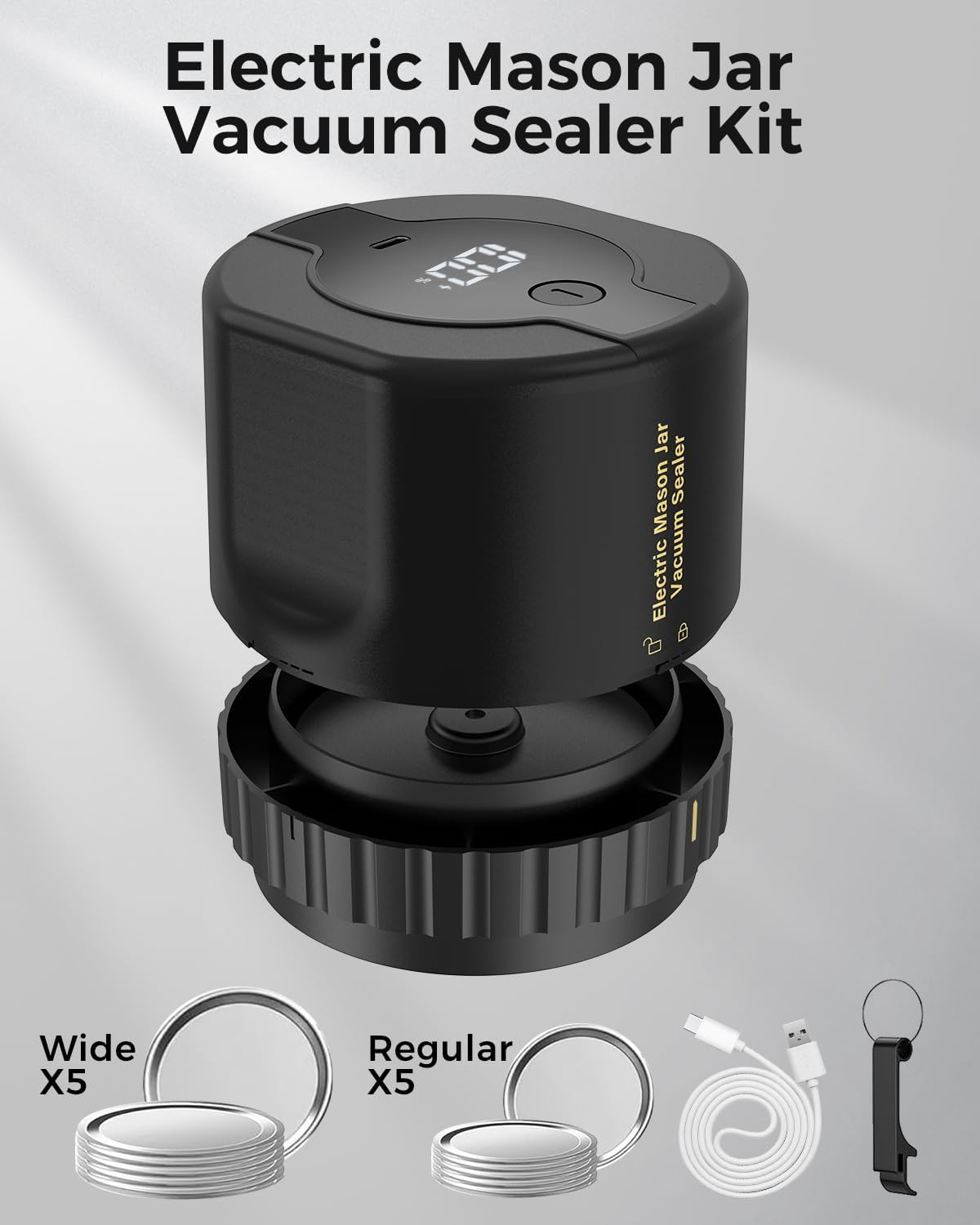 Jar Vacuum Sealer with Rechargeable Pump and 10 Sealing Lids, for 3.4in Jars