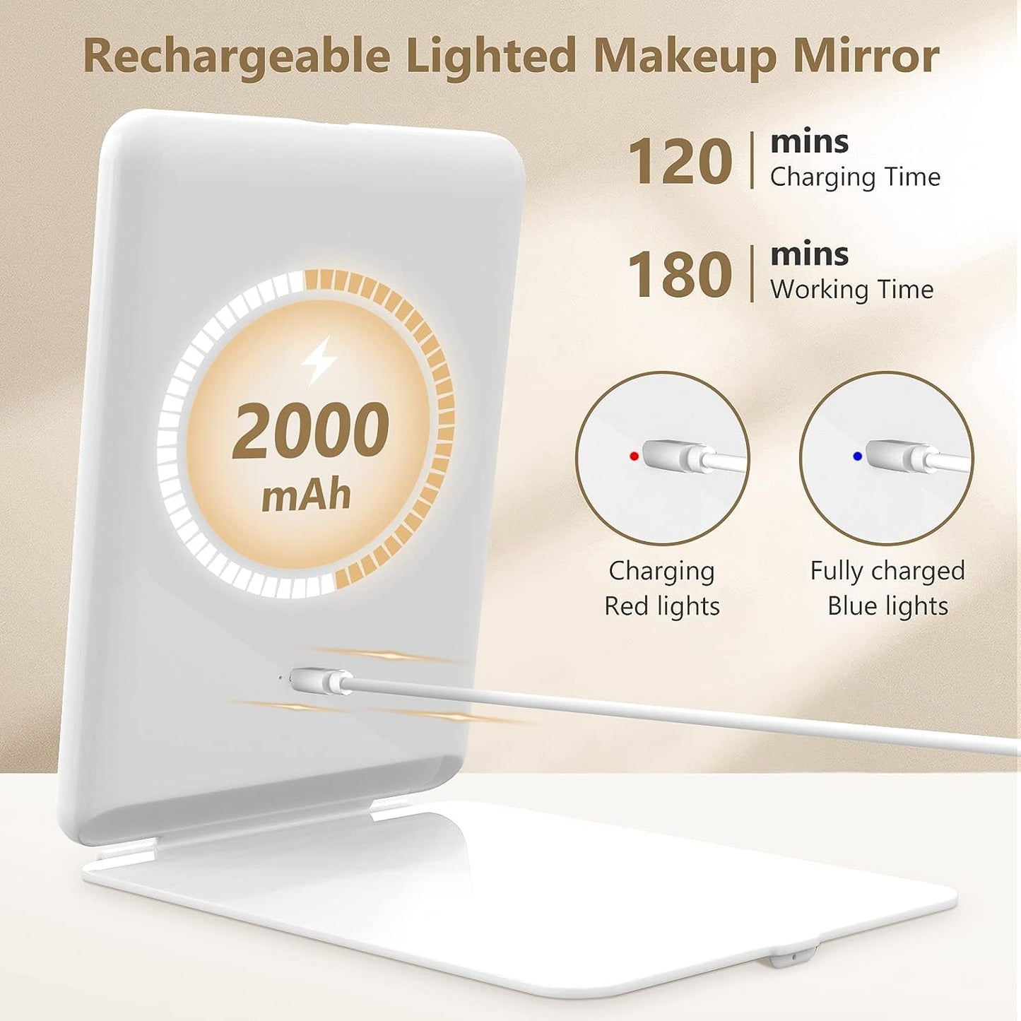 Portable Makeup Mirror with Dual Magnification and Adjustable LED Light, 7x5 Inch