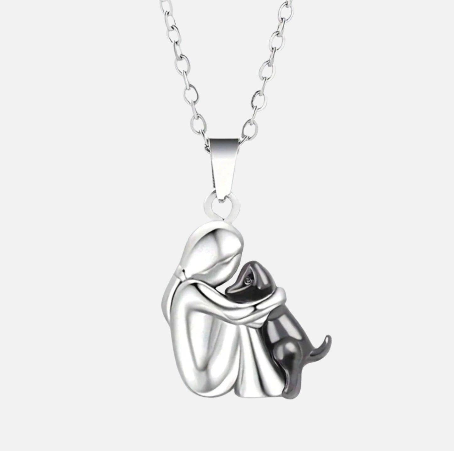 Dog Lover Necklace with Heart Embrace Silhouette and Adjustable 16.5in Chain, Plated Finish