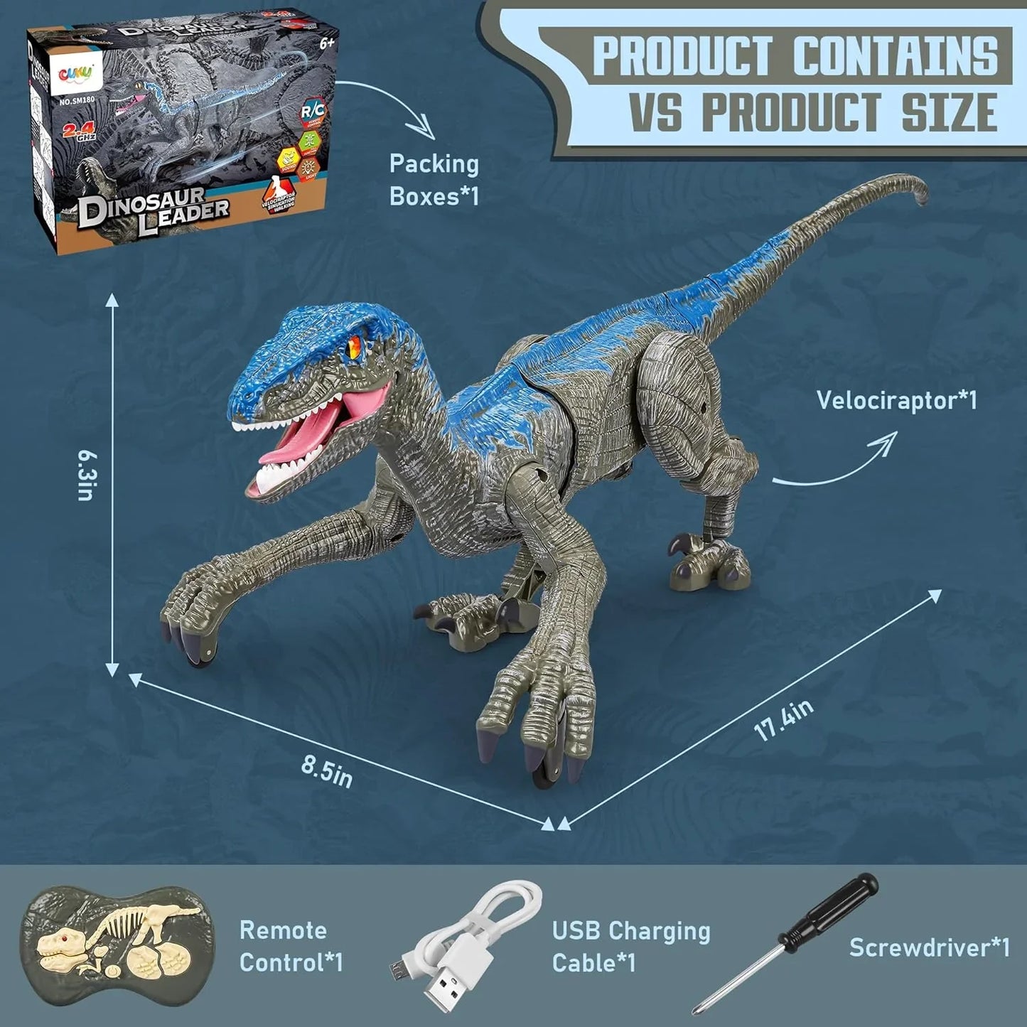 Remote Control Dinosaur Toy with Sound Effects and LED Lights, USB Rechargeable