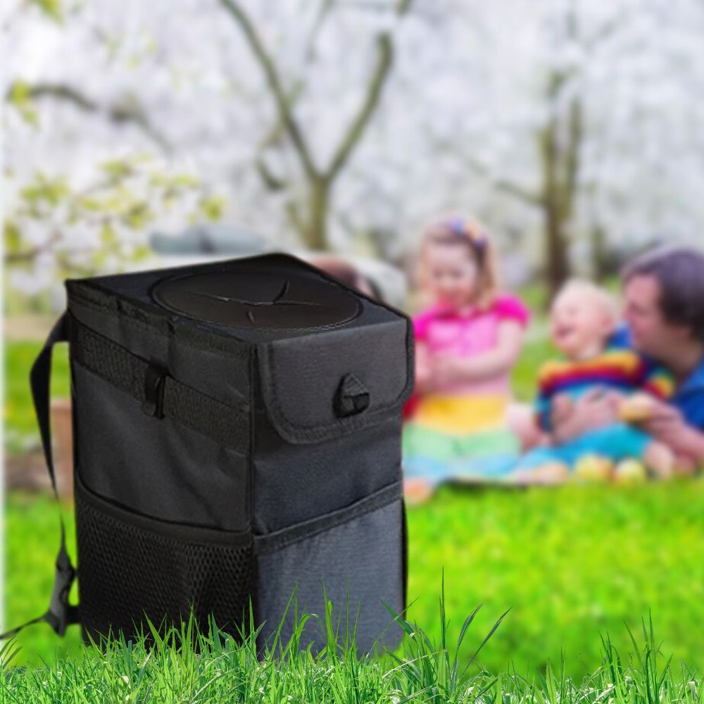 Collapsible Car Trash Bin with Waterproof Nylon and Adjustable Straps, Side Pockets