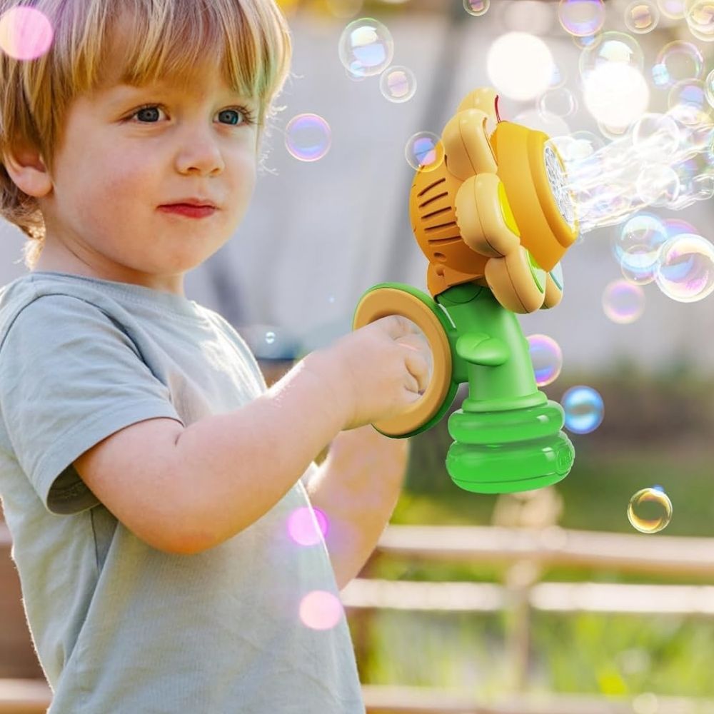 Handheld Bubble Machine with Rotating Flower Head and Seven Color Lights