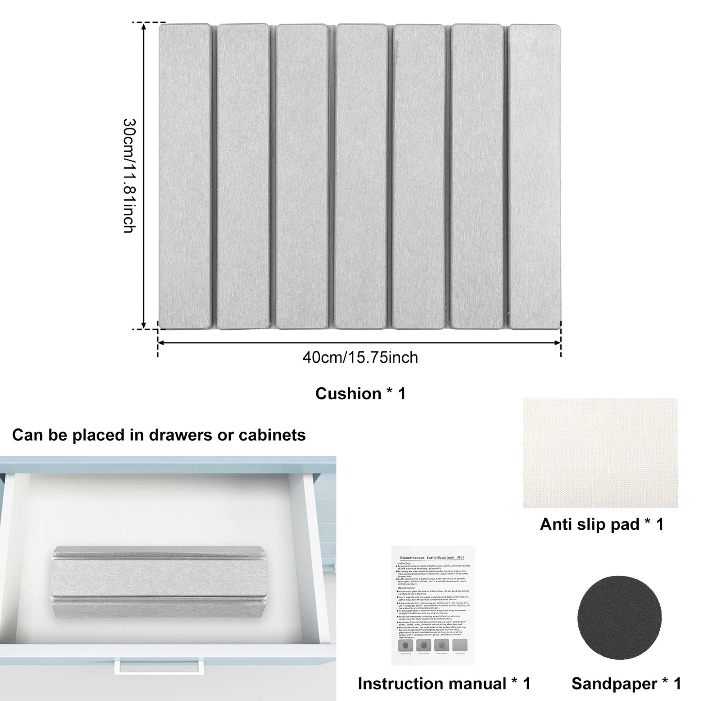 Diatomite Dish Drying Mat with Nonslip Rubber Base and Foldable Design