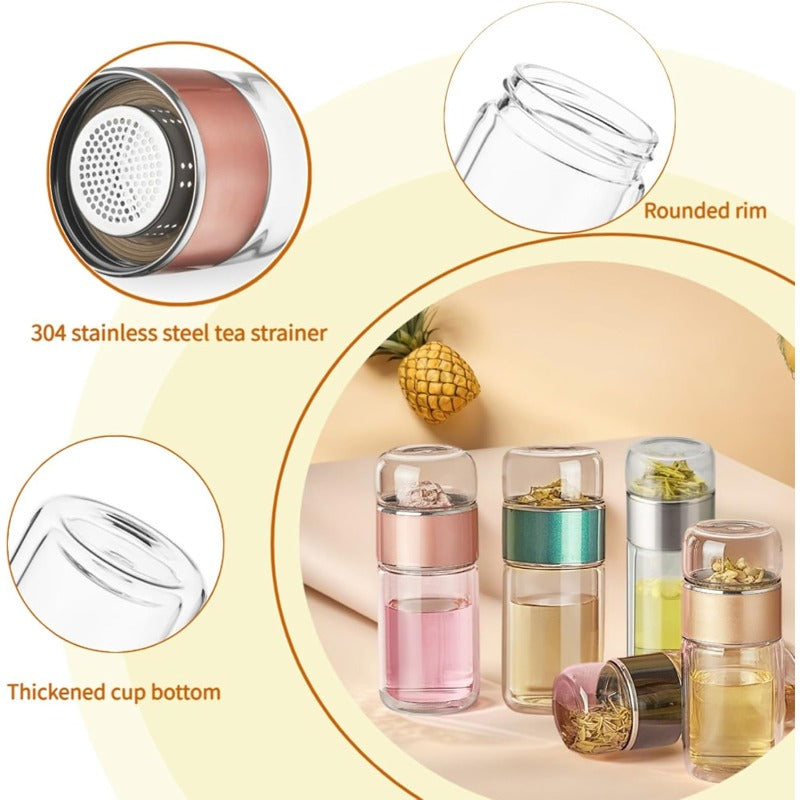 Glass Tea Infuser Bottle with Tilt Separation Filter and Double Wall Insulation