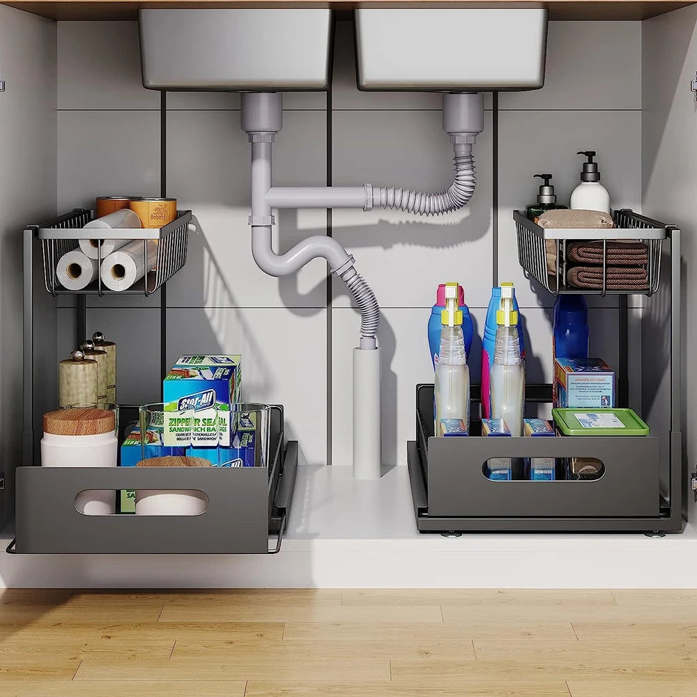 Slide Out Under Sink Organizer with Dual Tiers and Carbon Steel Frame
