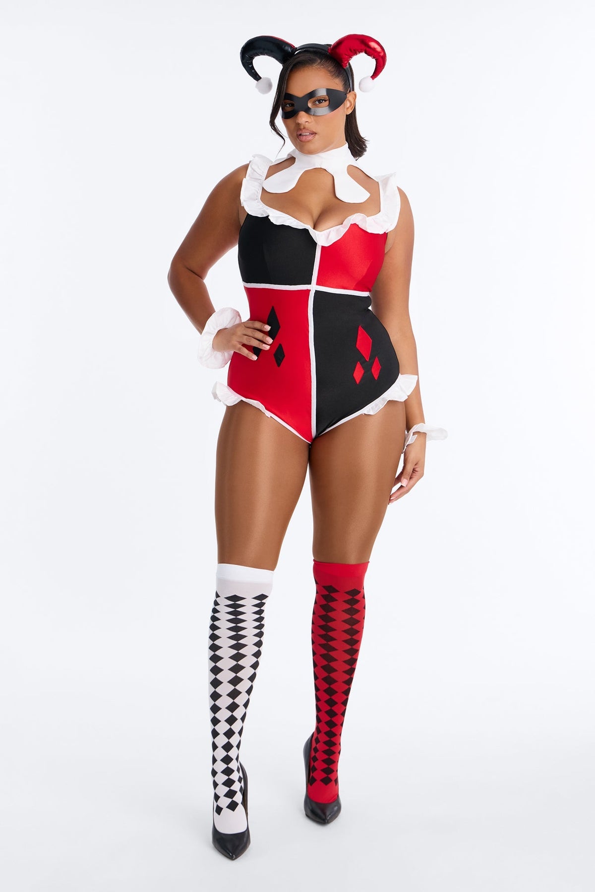Womens Comic Villain Costume Set with Ruffle Romper and Thigh Highs