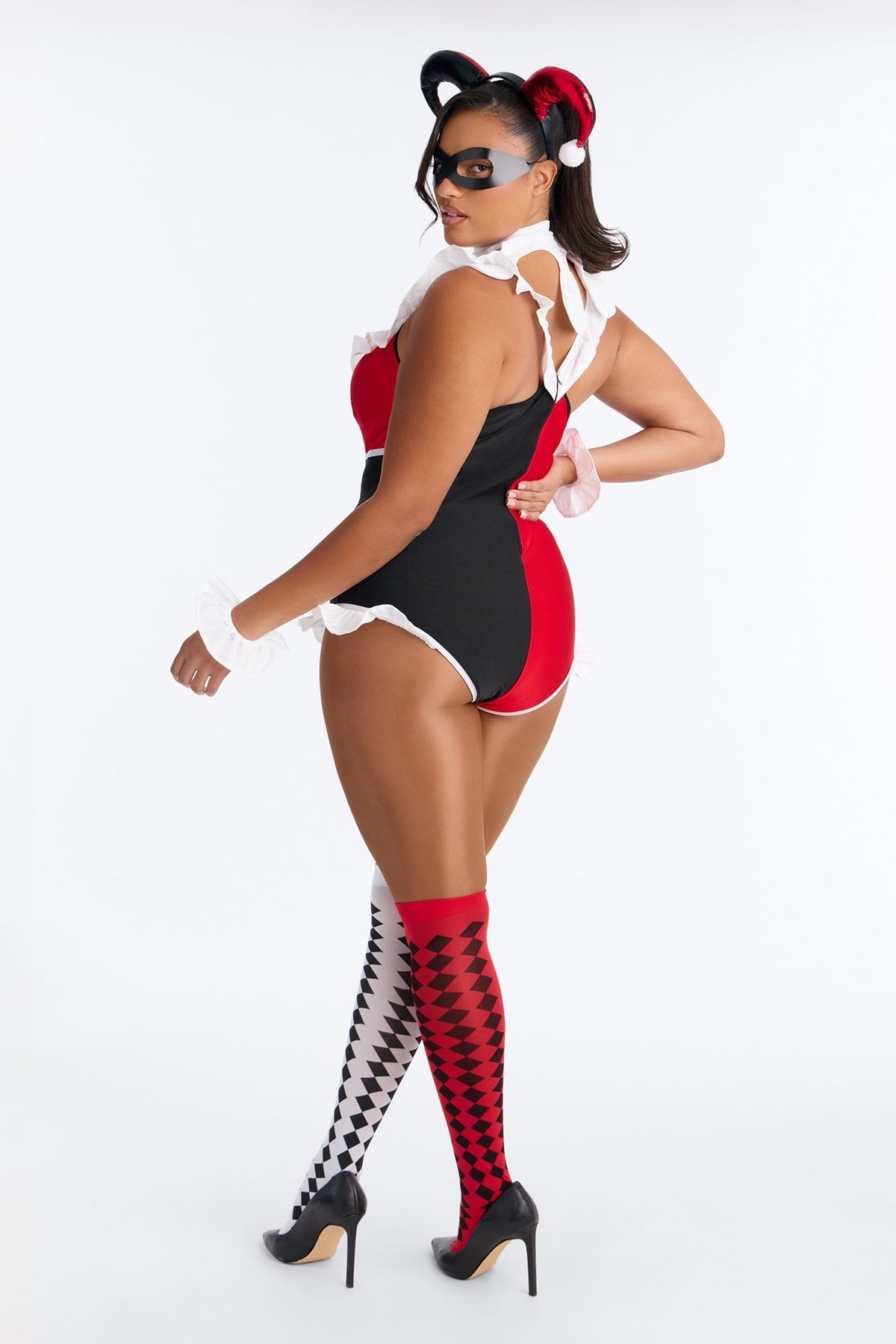 Womens Comic Villain Costume Set with Ruffle Romper and Thigh Highs