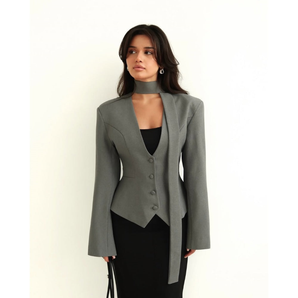 Women's Long Sleeve Blazer with Attached Scarf and Tailored Fit, Single-Breasted