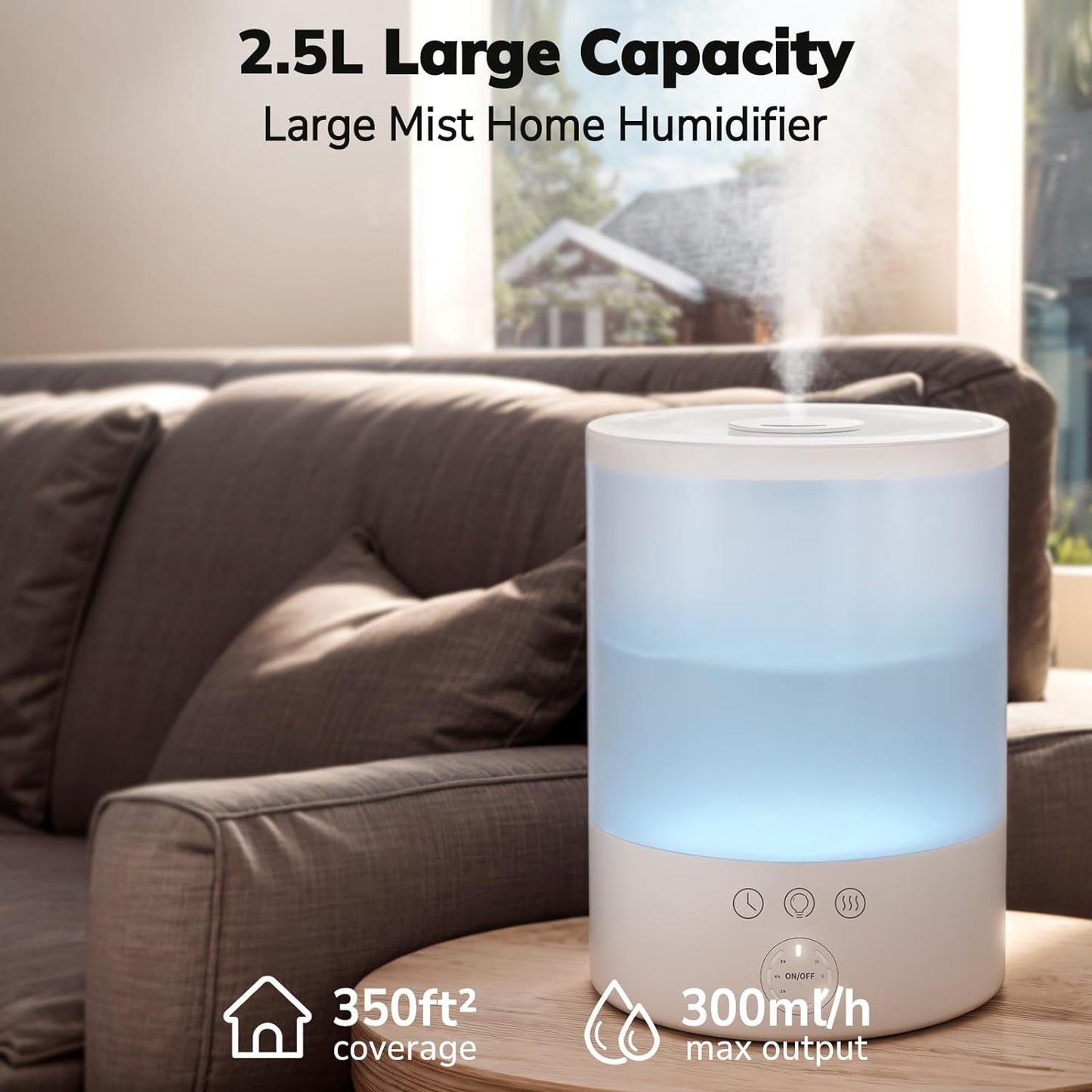 Ultrasonic Cool Mist Humidifier with 24-Hour Runtime and Night Light for Large Rooms