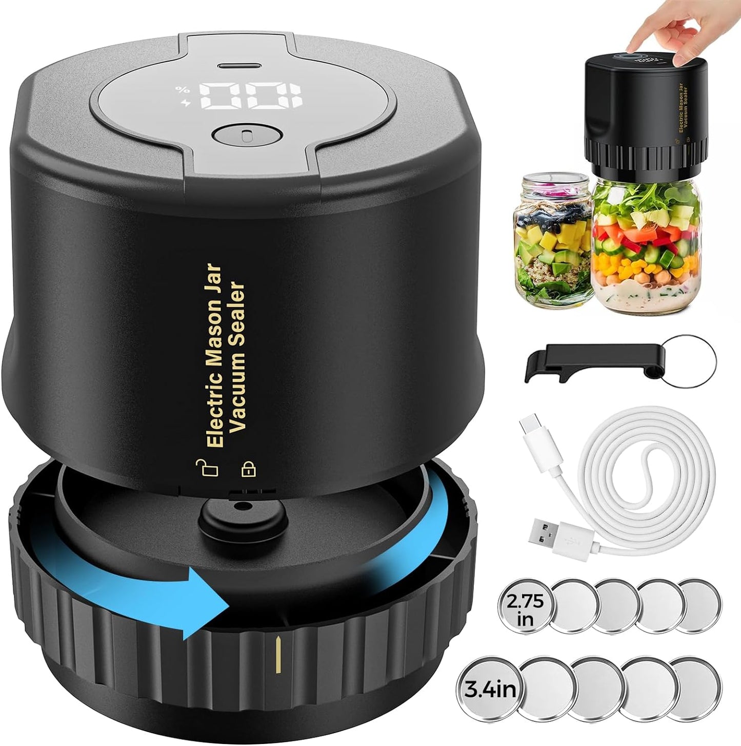 Jar Vacuum Sealer with Rechargeable Pump and 10 Sealing Lids, for 3.4in Jars