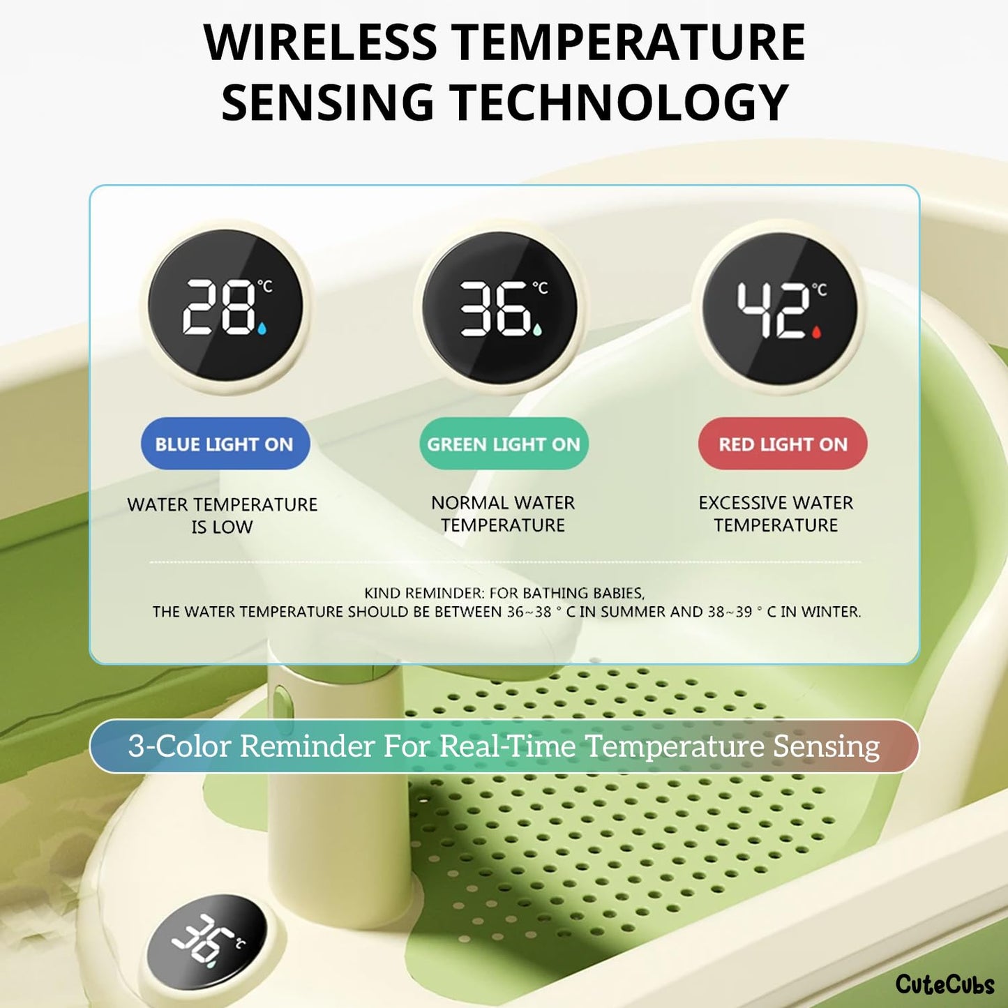 Infant Bathtub Seat with Wireless Water Thermometer and Mesh Support