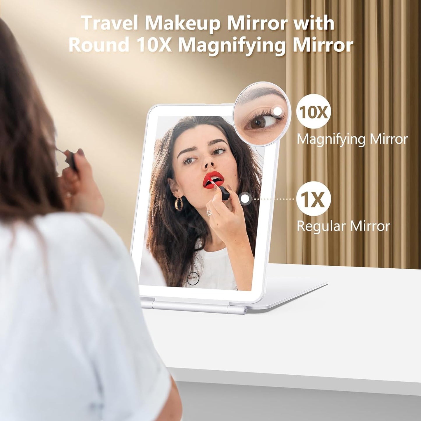 Portable Makeup Mirror with Dual Magnification and Adjustable LED Light, 7x5 Inch