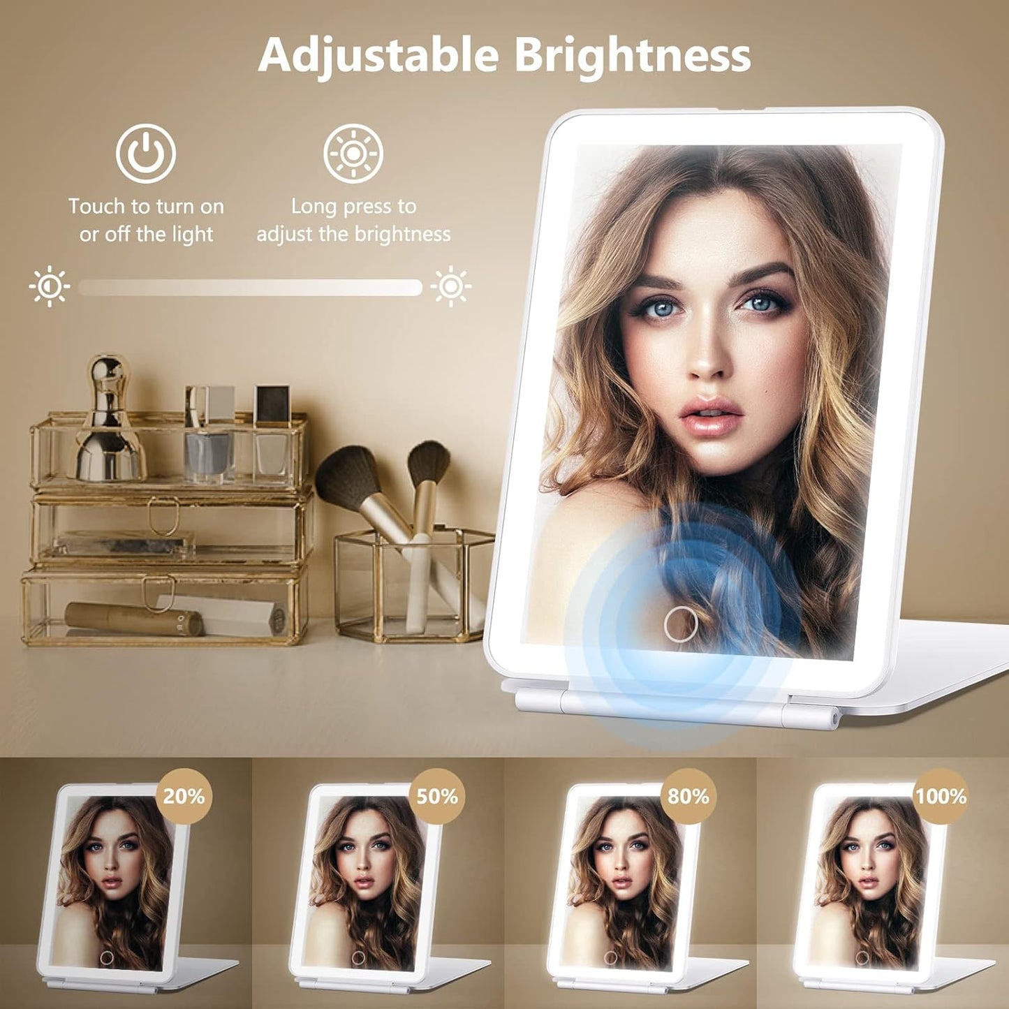 Portable Makeup Mirror with Dual Magnification and Adjustable LED Light, 7x5 Inch