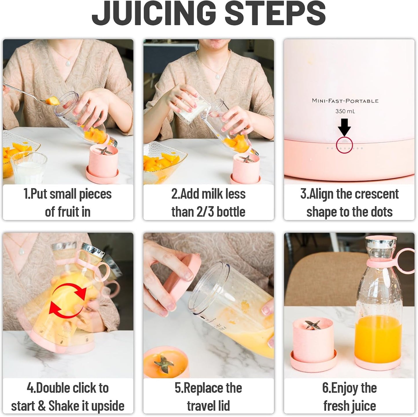Cordless Blender Bottle with Stainless Steel Blades and Magnetic Charging, 350ml