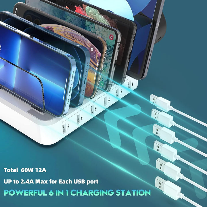 Multiple Device Fast Charging Station with 6-Port USB Organizer