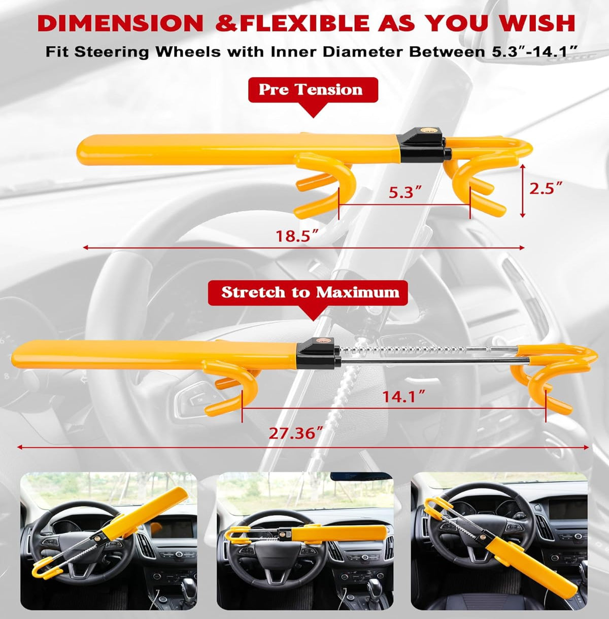 Anti-Theft Steering Wheel Lock with Four-Hook System and Double Row Cylinder