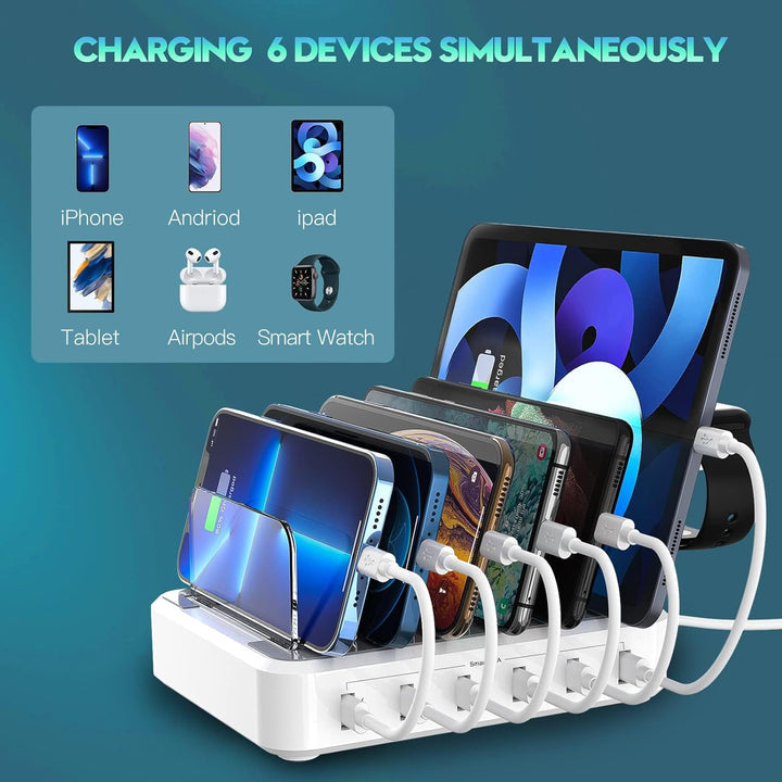 Multiple Device Fast Charging Station with 6-Port USB Organizer