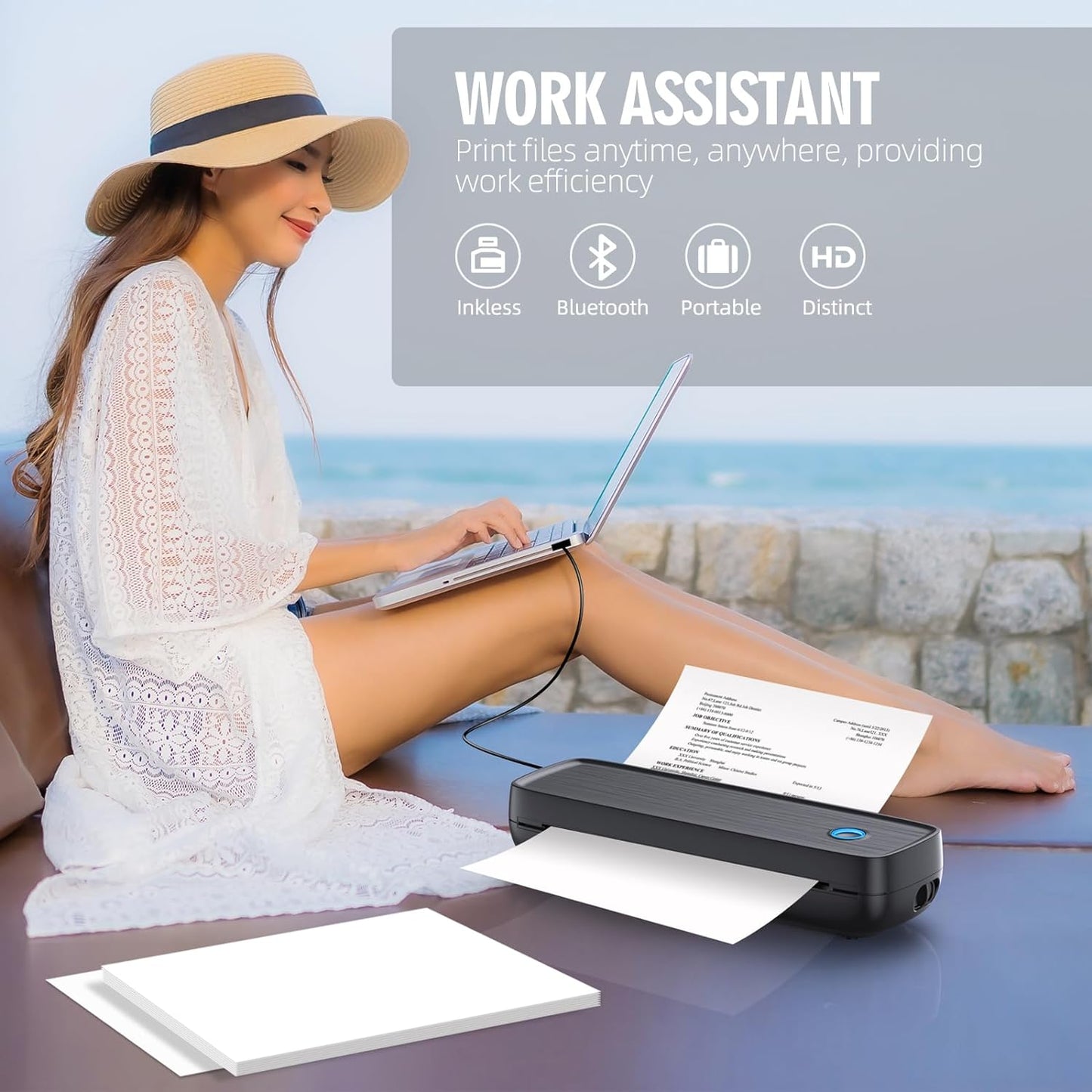 Portable Thermal Printer with Wireless Connectivity and 600-Sheet Battery