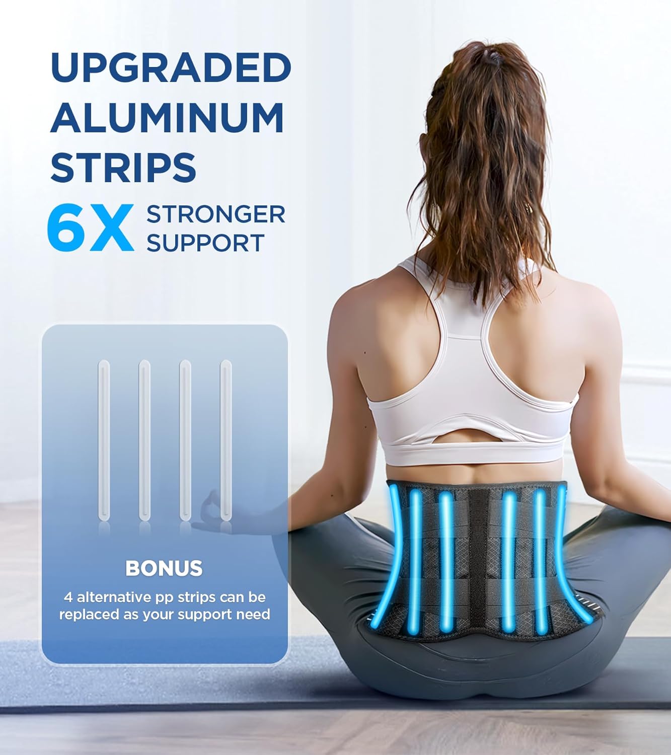 Lower Back Support Brace with Dual Pad System and Six Support Strips