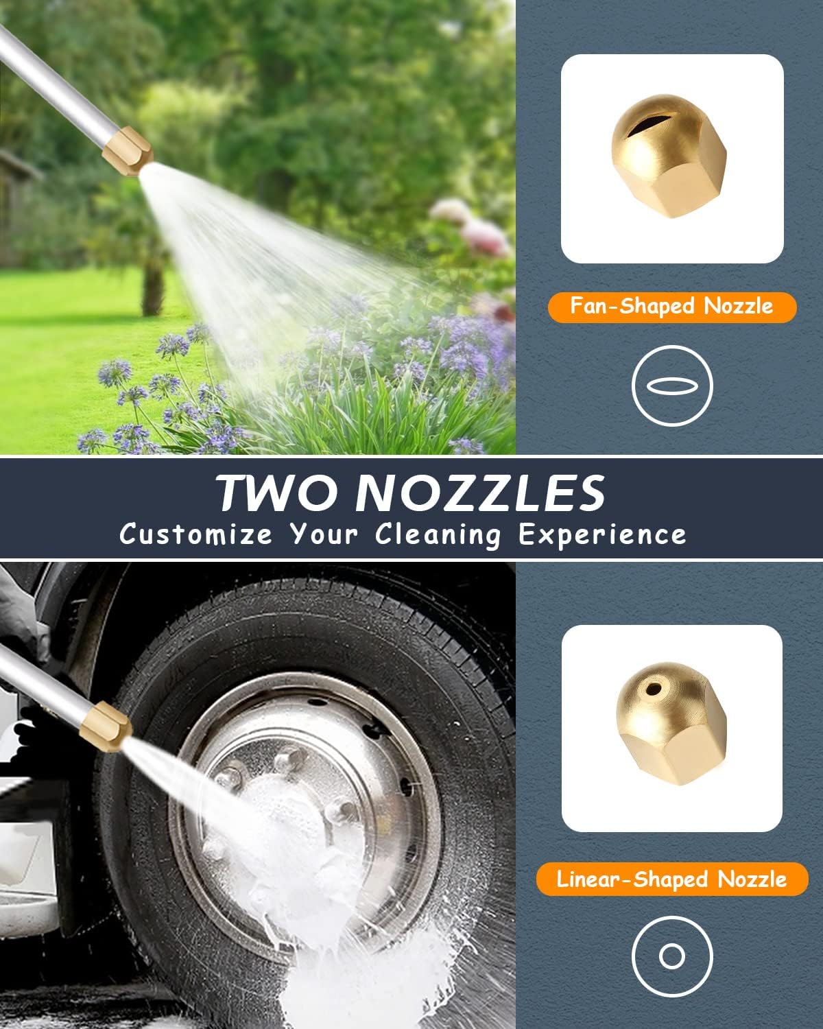 Garden Hose Spray Nozzle with Dual Brass Heads and Ball Valve Control