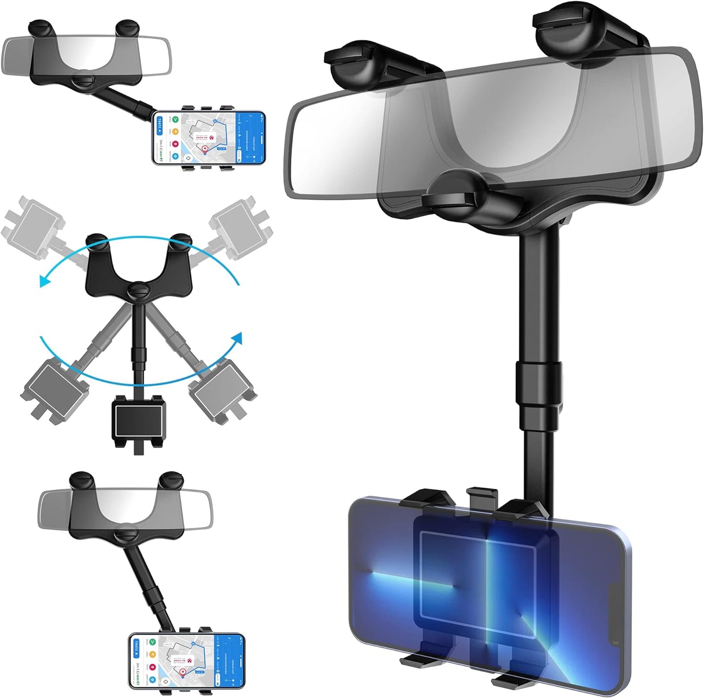 Phone Holder with 360 Degree Rotation and Four Jaw Grip for Rearview Mirror