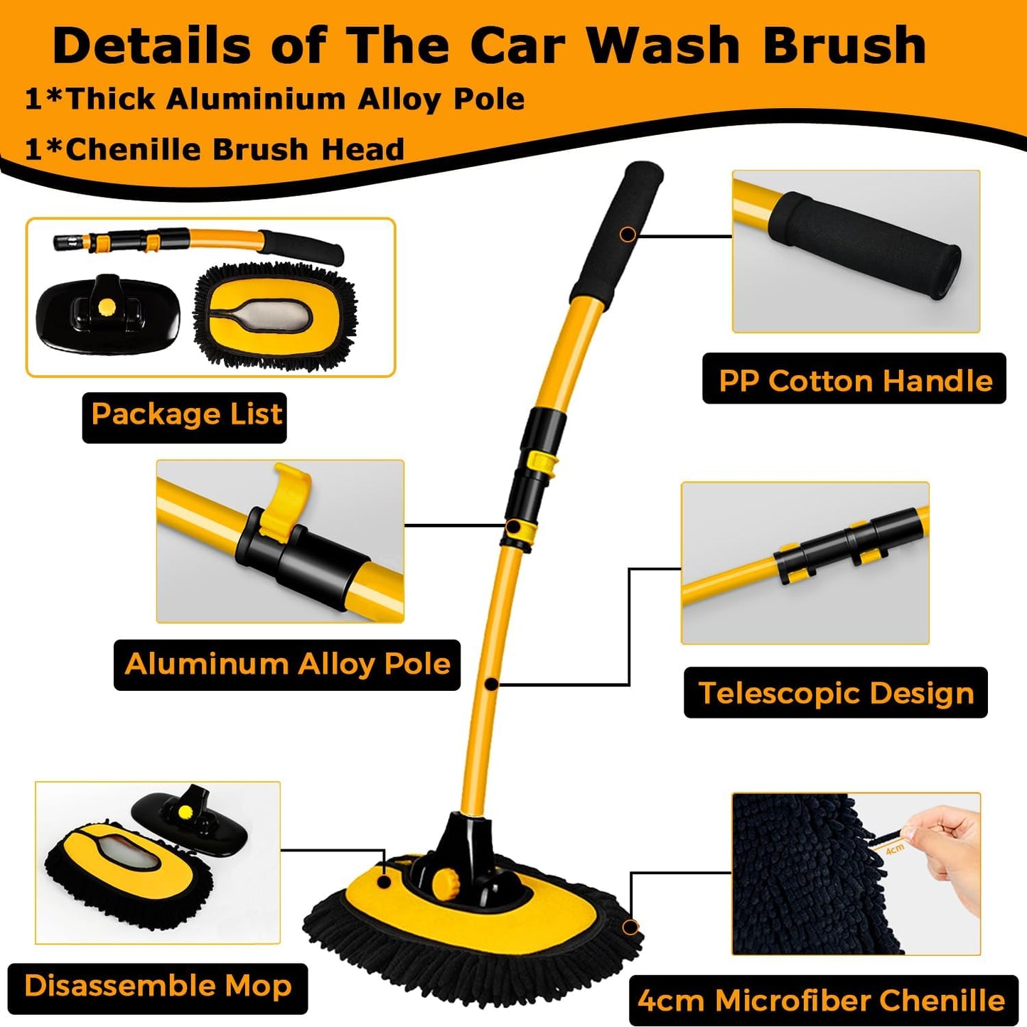 Telescopic Car Wash Brush with Rotating Head and Microfiber Chenille Bristles, Extends 19.69-40.16 inches