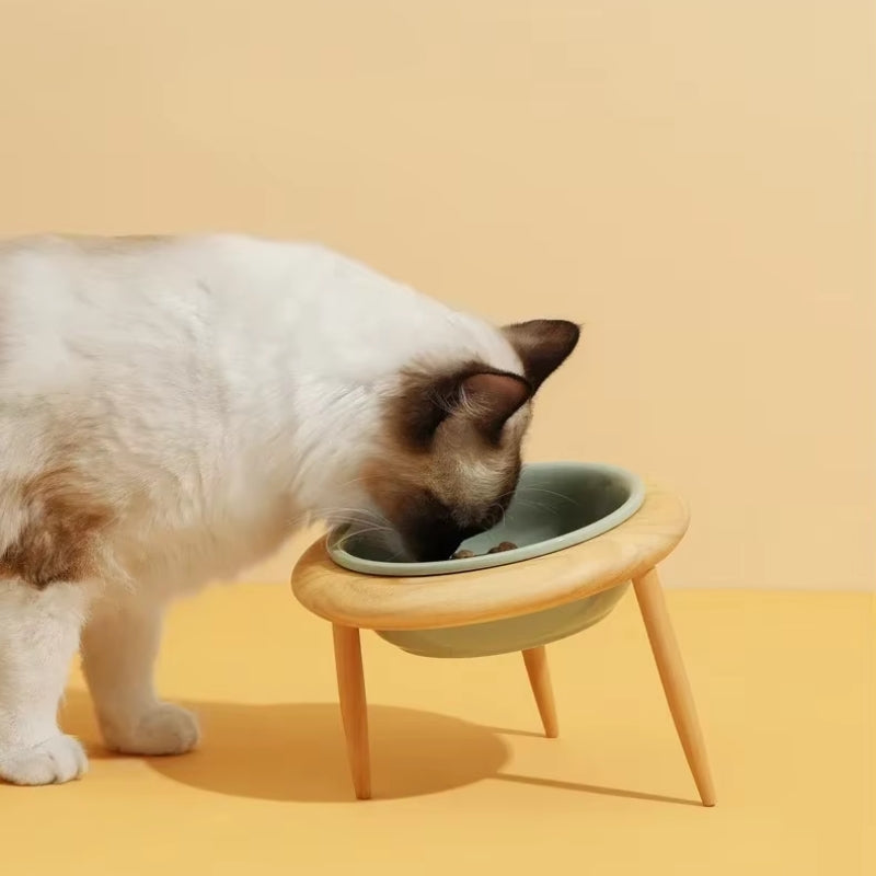 Elevated Ceramic Cat Bowl with Adjustable Oak Wood Stand and Removable Legs