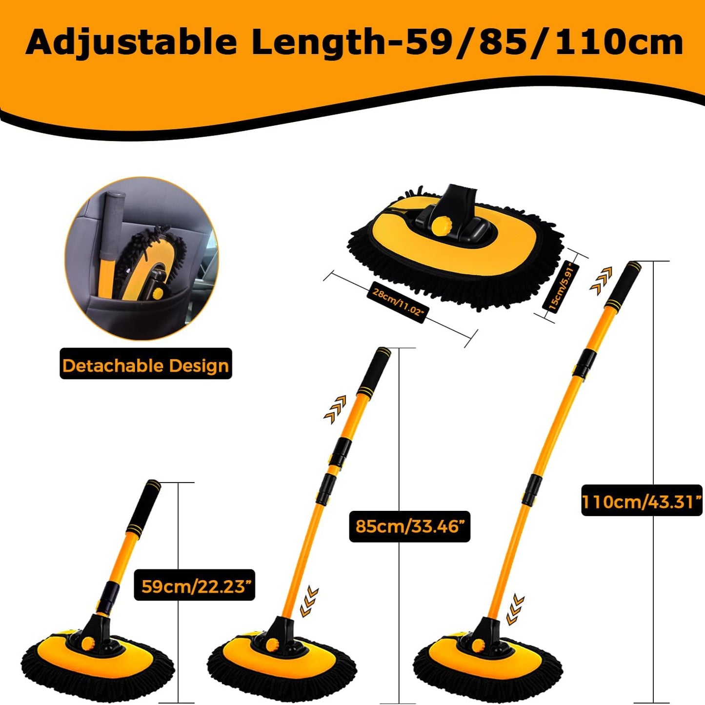 Telescopic Car Wash Brush with Rotating Head and Microfiber Chenille Bristles, Extends 19.69-40.16 inches